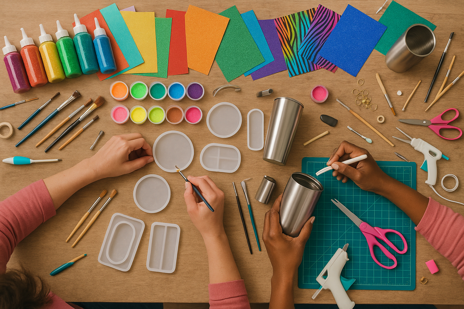 create an image of a large craft table with different supplies : multiple bottles of glitter, multi colored and multiple patterned vinyl sheets, neon pigments in pods, paint brushes, stainless steel tumblers, epoxy resin molds, and other miscellaneous craft supplies.  Around the table there are women standing and crafting together.  The viewpoint is from above looking down onto the table, so you mainly see the table, craft supplies, and hands of women working and having fun together