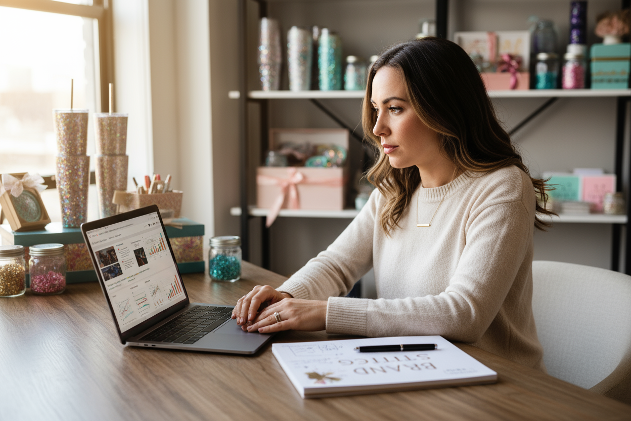 A confident female entrepreneur sitting at her creative workspace, reviewing affiliate marketing content on her laptop. The space is modern, well-lit, with elements of handmade goods (like glitter, tumblers, or packaging supplies) subtly in the background. She’s focused and professional, with a notebook open beside her labeled ‘Brand Strategy.’ The atmosphere should reflect clarity, purpose, and empowerment—emphasizing the mindset of a ‘Creative CEO’ taking affiliate marketing seriously.