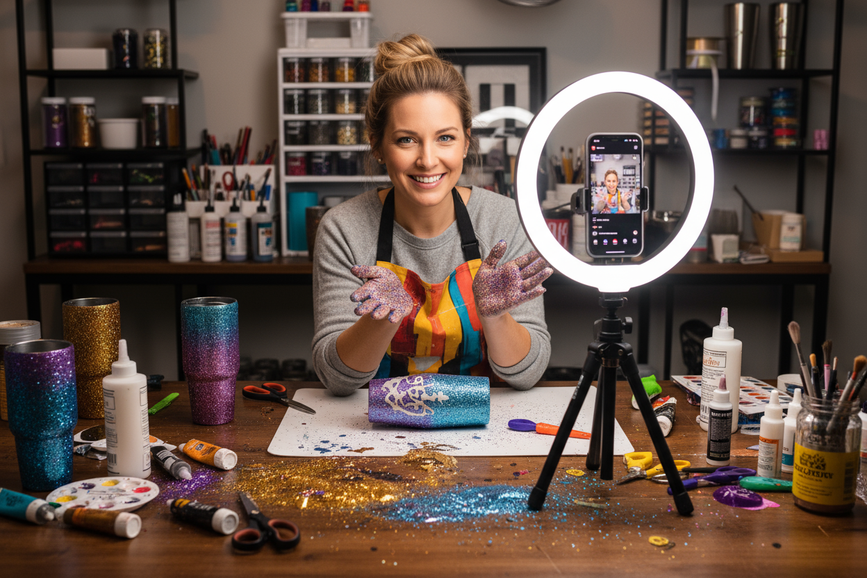 create an image of a woman that is crafting with Glitter, and other craft mediums on a wooden table as she is streaming live on her phone.  She has a tripod set up and a ring light and smiling and interacting with the phone.  In the background, she has craft supplies and stainless steel tumblers partially decorated.  